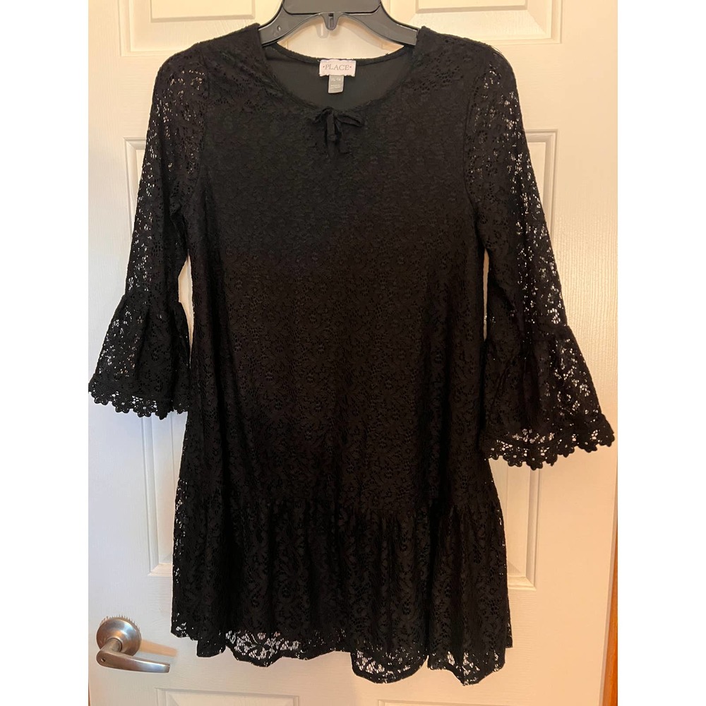 The Children's Place Girl's Black Lace Overlay 3/4 Bell Sleeve Dress‎ Size XL 14